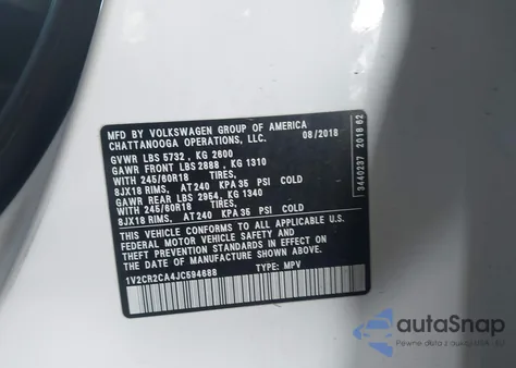 2018 Volkswagen Atlas 3.6L V6 Se из США, поврежденный, VIN 1V2CR2CA4JC594688